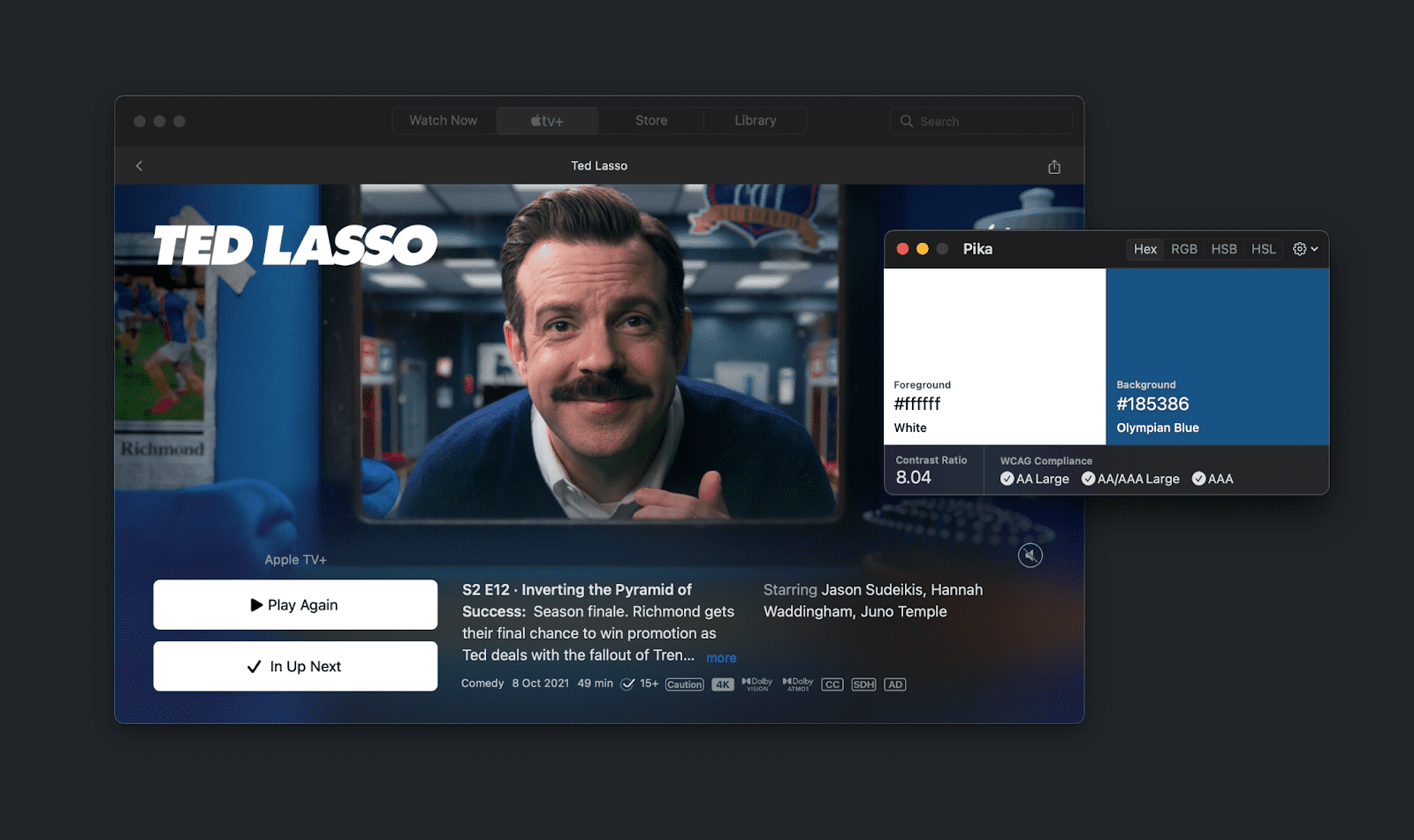 Zrzut ekranu z programu telewizyjnego z tytułem programu na górze. Litera L jest biała, a tło niebieskie. Współczynnik kontrastu wynosi 8, a wartości te spełniają wymagania dotyczące celów AA i AAA.