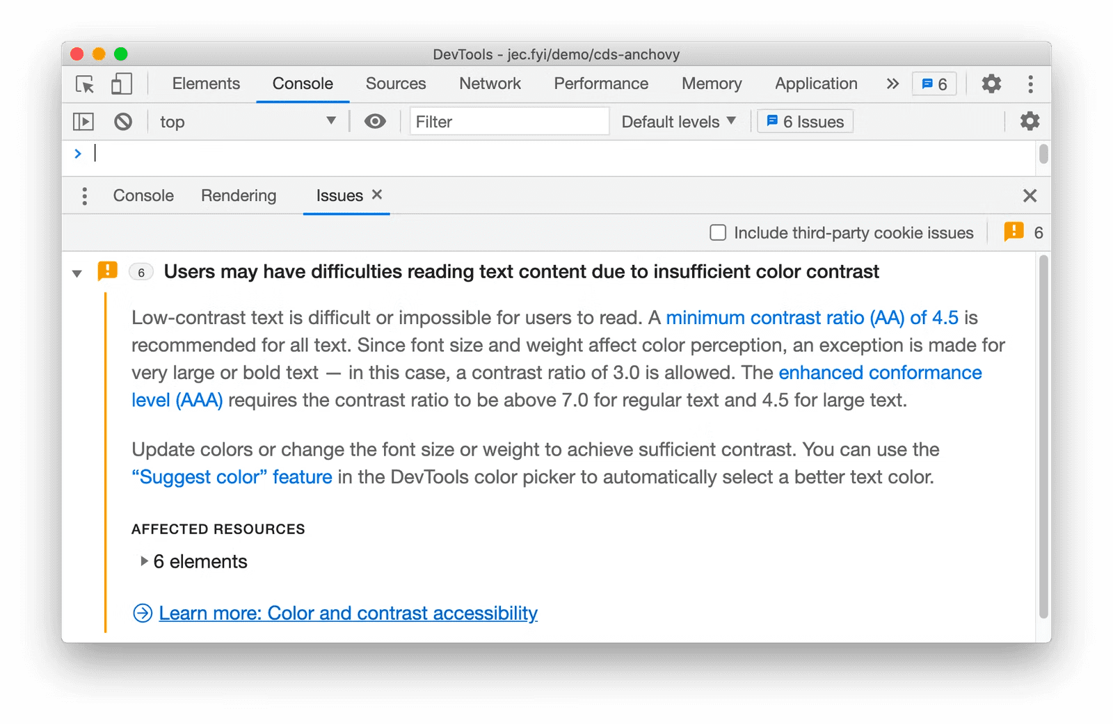 控制台内“问题”面板的屏幕截图,其中报告了 6 个与对比度有关的错误。