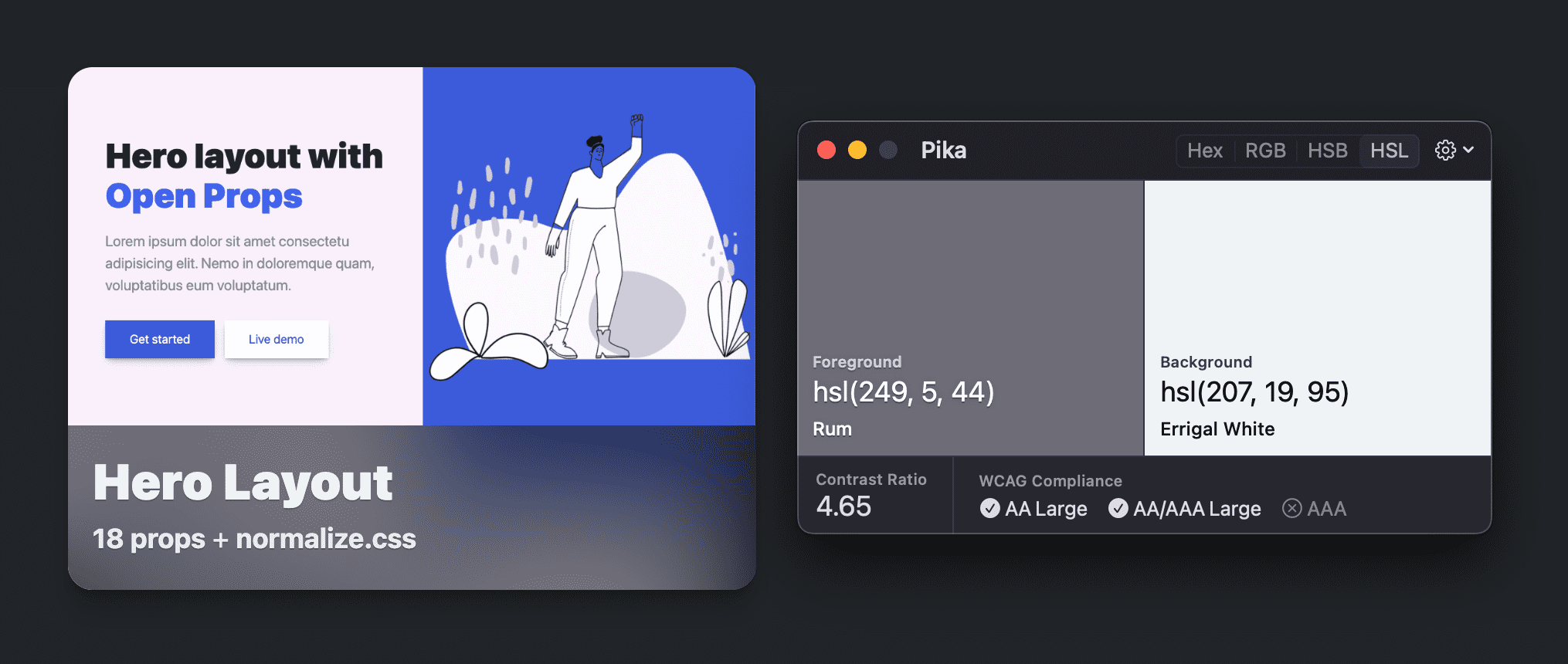兩個看起來像灰色,但實際上是飽和度極低的紫色,從有模糊半透明標題的圖片中比較,對比率為 4.65,且符合 AA 目標。