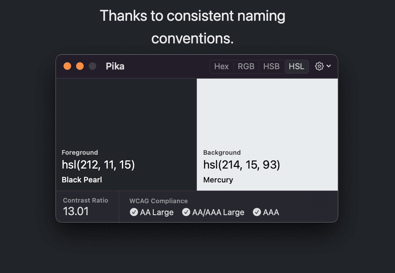 兩個灰色並排比較,對比率為 13.01,且符合 AA 和 AAA 目標。